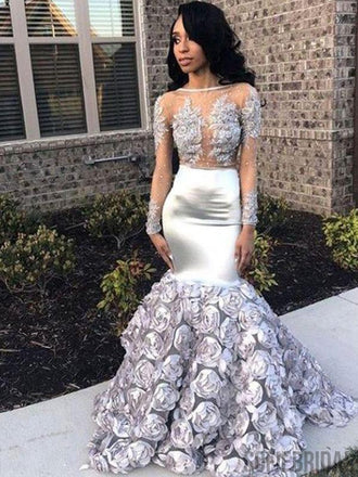 Silver Floral Lace Beaded Long Mermaid Prom Dresses, PD0797