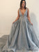 V-neck Special Grey Sequin Tulle Long Prom Dresses, A-line Prom Dresses , PD0783