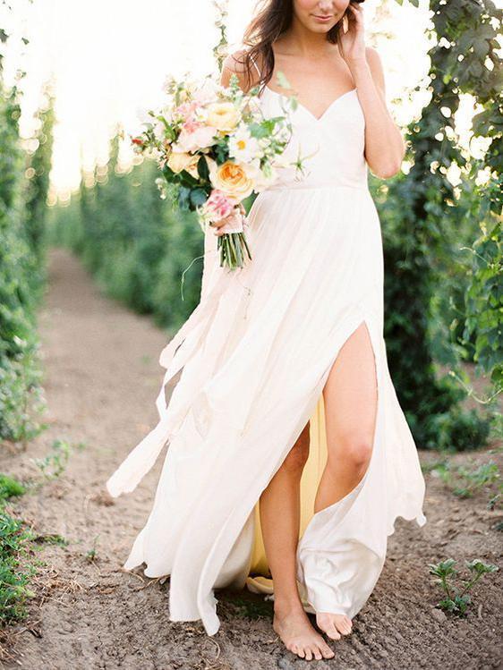 Casual Spahgetti Straps V Neck Side Slit Simple Beach Wedding Dresses, SofieBridal Casual Spahgetti Straps V Neck Side Slit Simple Beach Wedding Dresses, SofieBridal