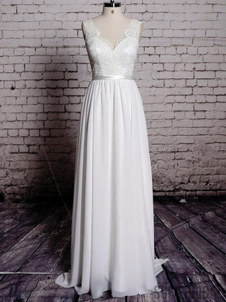 Simple Lace V Neck Cheap Beach Wedding Dresses Online, WD384