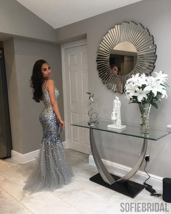 Gorgeous Silver Rhinestone Mermaid Prom Dresses, Sleeveless Prom Dresses, PD0766
