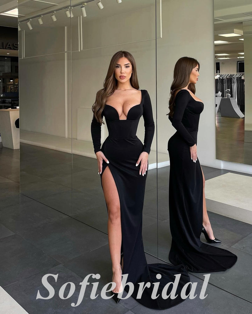Sexy Jersey Long Sleeves V-Neck Side Slit Mermaid Long Prom Dresses, PD0842