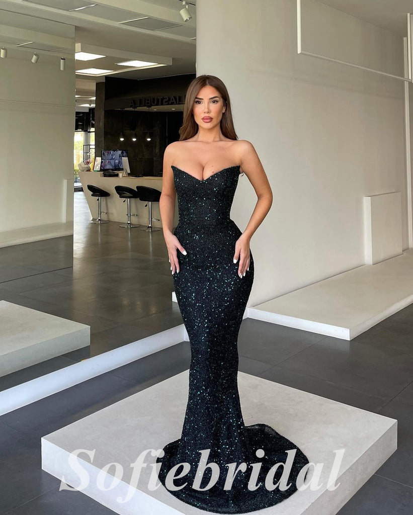 Sexy Black Sequin Sweetheart V-Neck Mermaid Long Prom Dresses, PD0843