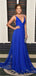 A-line V-neck Backless Royal Blue Chiffon Prom Dresses, PD0052