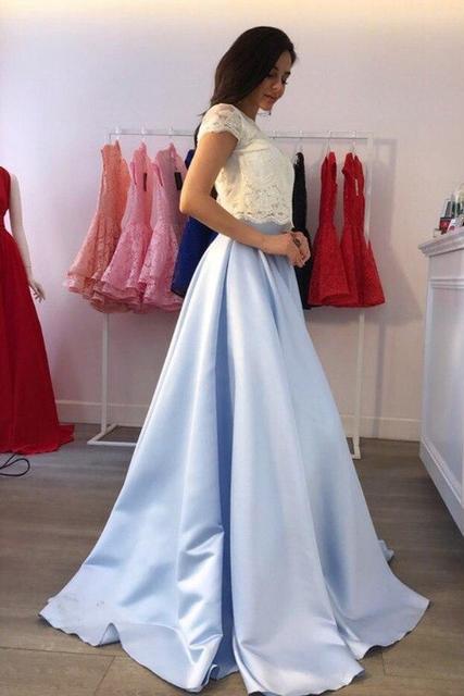 A-line Two-pieces Lace Top Short Sleeves Long Prom Dresses, PD0083
