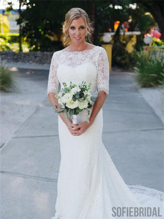 Sheath Half Beatau Neck Half Sleeves Lace Backless With Train, WD0471