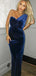 One Shoulder Navy Velvet Long Prom Dresses, PD0838