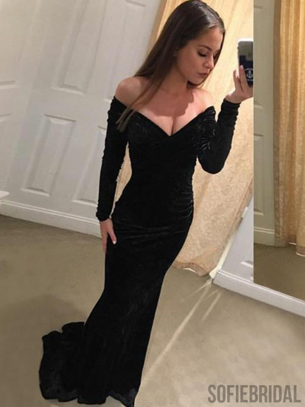 Off Shoulder Long Sleeves Mermaid Black Velvet Prom Dresses, PD0861