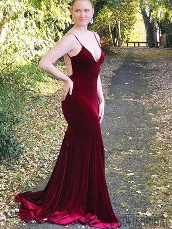 Spaghetti Long Mermaid Sexy V-neck Velvet Prom Dresses, PD0885