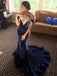 Off Shoulder Navy Velvet Lace Long Mermaid Prom Dresses, PD0871