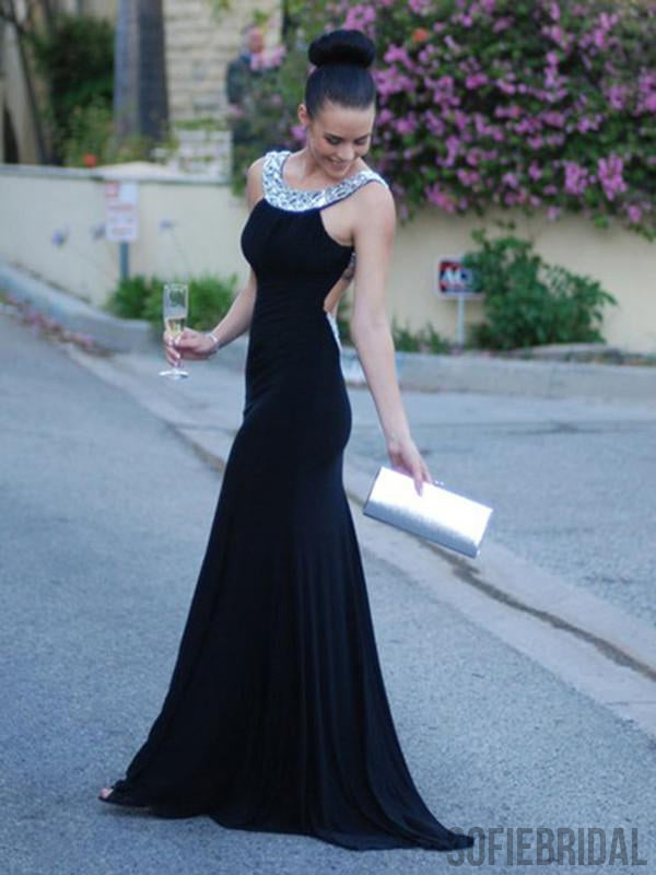Sheath Halter Backless Long Black Prom Dresses With Rhinestone, PD0036