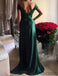 Off Shoulder Green Lace Satin Front Slit Sexy Long Prom Dresses, PD0237