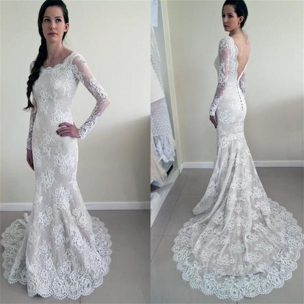 Round Neck Long Sleeve See Through Lace Mermaid V-back Wedding Dresses, WD0215