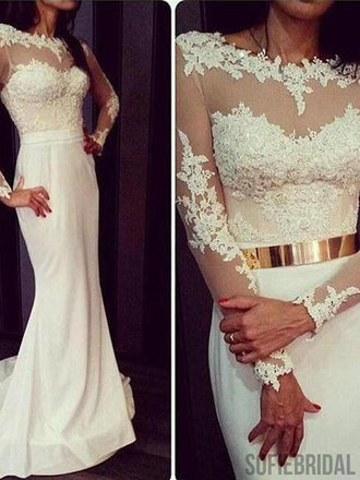 Popular Round Neck White Lace Jersey Long Sleeve Mermaid Prom Dresses with Gold Belt, PD0548