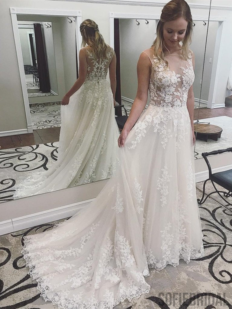 See Through Lace Appliques Long A-line Wedding Dresses, WD0281