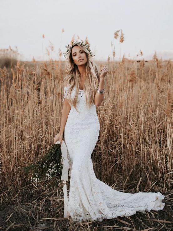 off the shoulder country wedding dresses A-line Off-the-shoulder 3D Lace Wedding Dresses Rustic Wedding Gowns M SELINADRESS