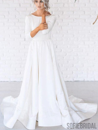 Scoop Neckline 3/4 Sleeves Long A-line Backless Wedding Dresses, WD0274