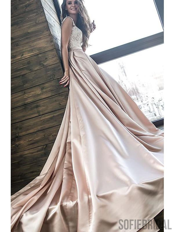 Off Shoulder Lace Top Long A-line Satin Wedding Dresses, WD0276 SofieBridal Off Shoulder Lace Top Long A-line Satin Wedding Dresses, WD0276 SofieBridal