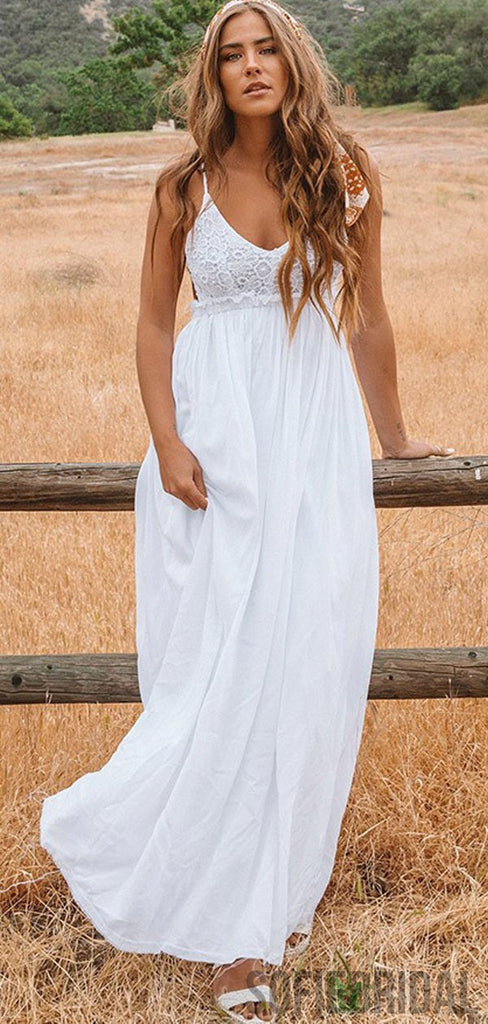 V-neck Lace Top Long A-line Backless Country Wedding Dresses, WD0275
