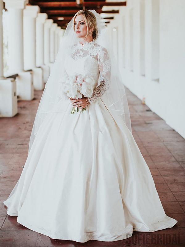 Long Sleeve Lace Collar Neckline Ball Gown Wedding Dress