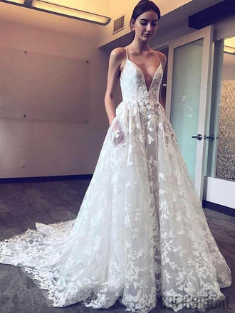 V-neck Long A-line Lace Wedding Dresses, Popular Wedding Dresses, WD0279