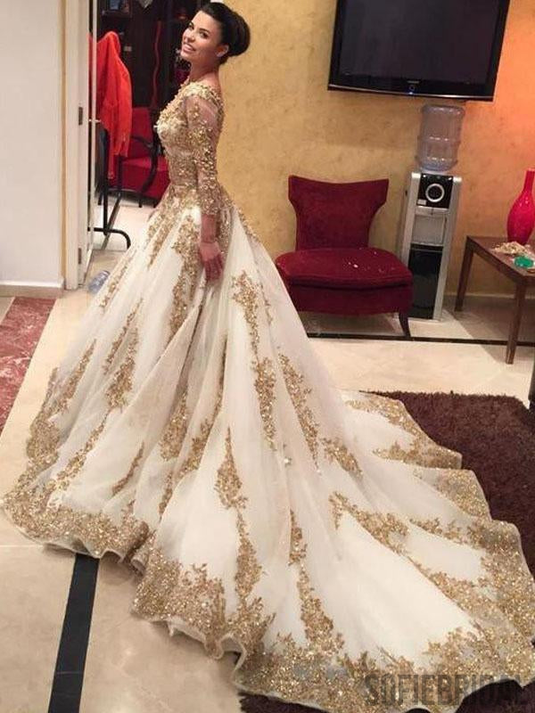 Long Sleeve V-neck Gold Lace Ball Gown White Organza Gorgeous Prom Wedding Dresses, PD0535