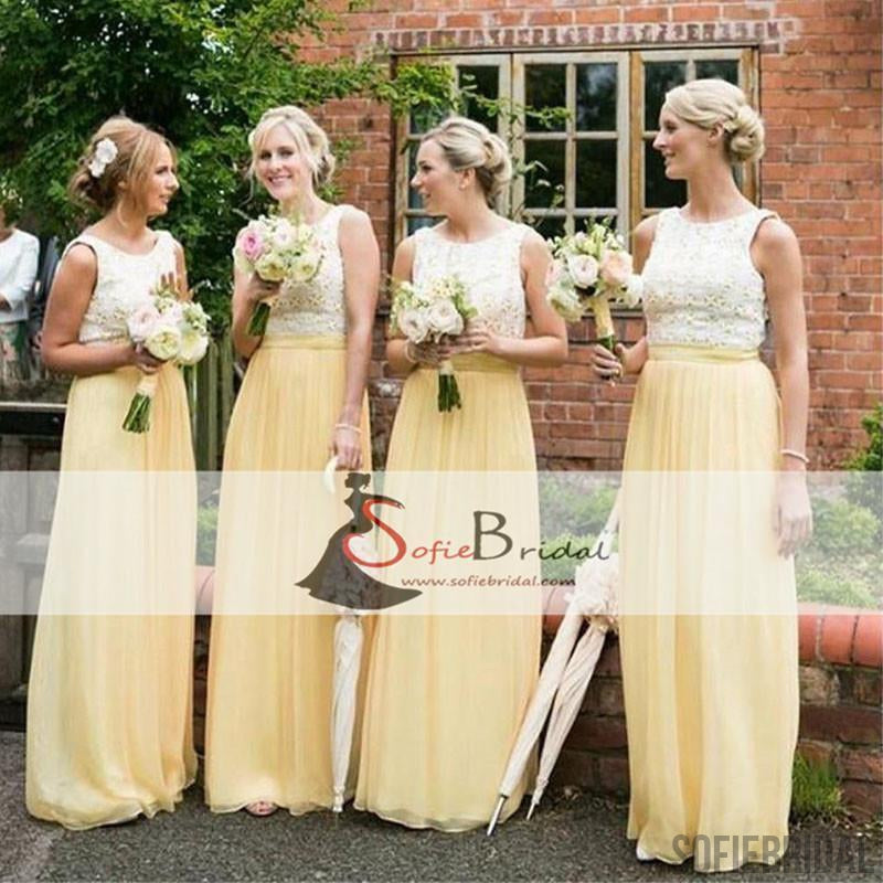 Yellow Lace Top Chiffon Bridesmaid Dresses, Lovely Wedding Guest Dresses, Long Bridesmaid Dresses, PD0481