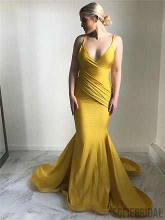 Spaghetti V-neck Prom Dresses, Yellow Mermaid Prom Dresses, Popular Prom Dresses, PD0691
